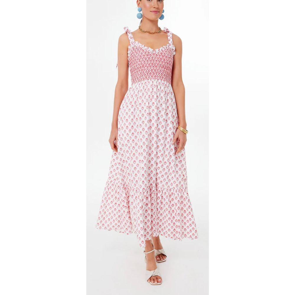 Pink City Prints Rose Meadow Red Block Jessica Maxi Dress Smocked Tuckernuck M View 5
